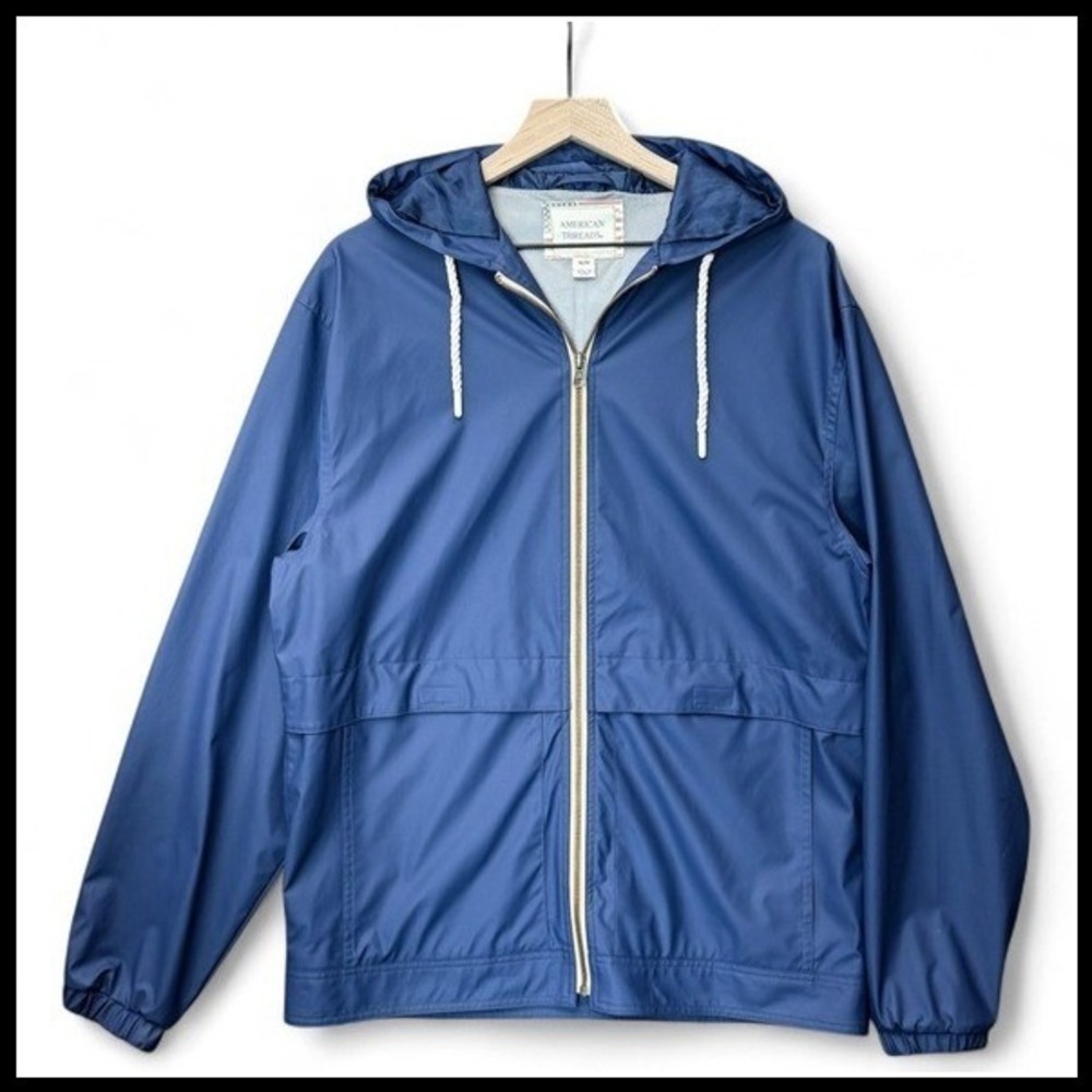 American Threads Hooded Rain Jacket Polyurethane Zip Navy Blue Mens M‎ Gorpcore
